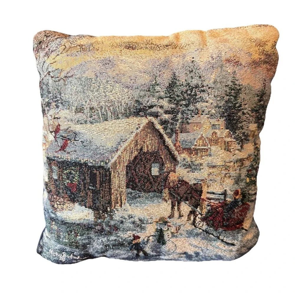 Vintage Nicky Boehme Tapestry Christmas‎ Barn w Horse & Sleigh Pillow